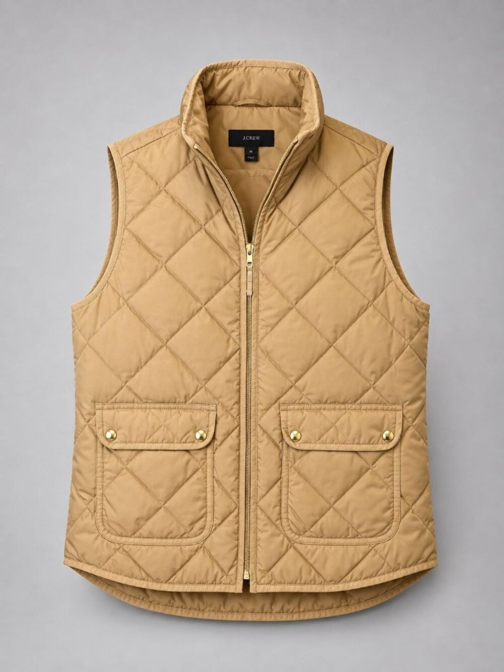 J.Crew Womens Medium Vest Tan Quilted Down Gold Snaps Lightweight Outerwear
